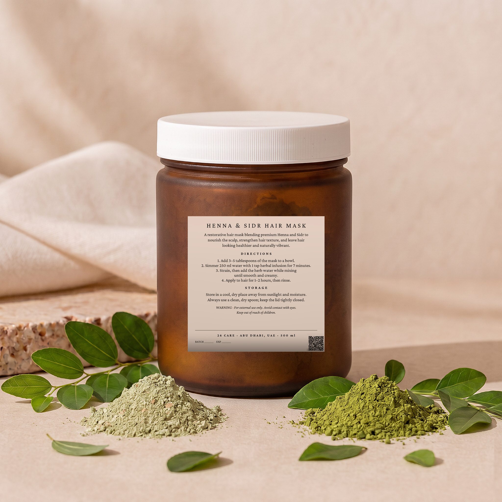 26 Care Henna & Sidr Hair Mask 500ml in a frosted amber jar with cream lid — Back — directions & warnings