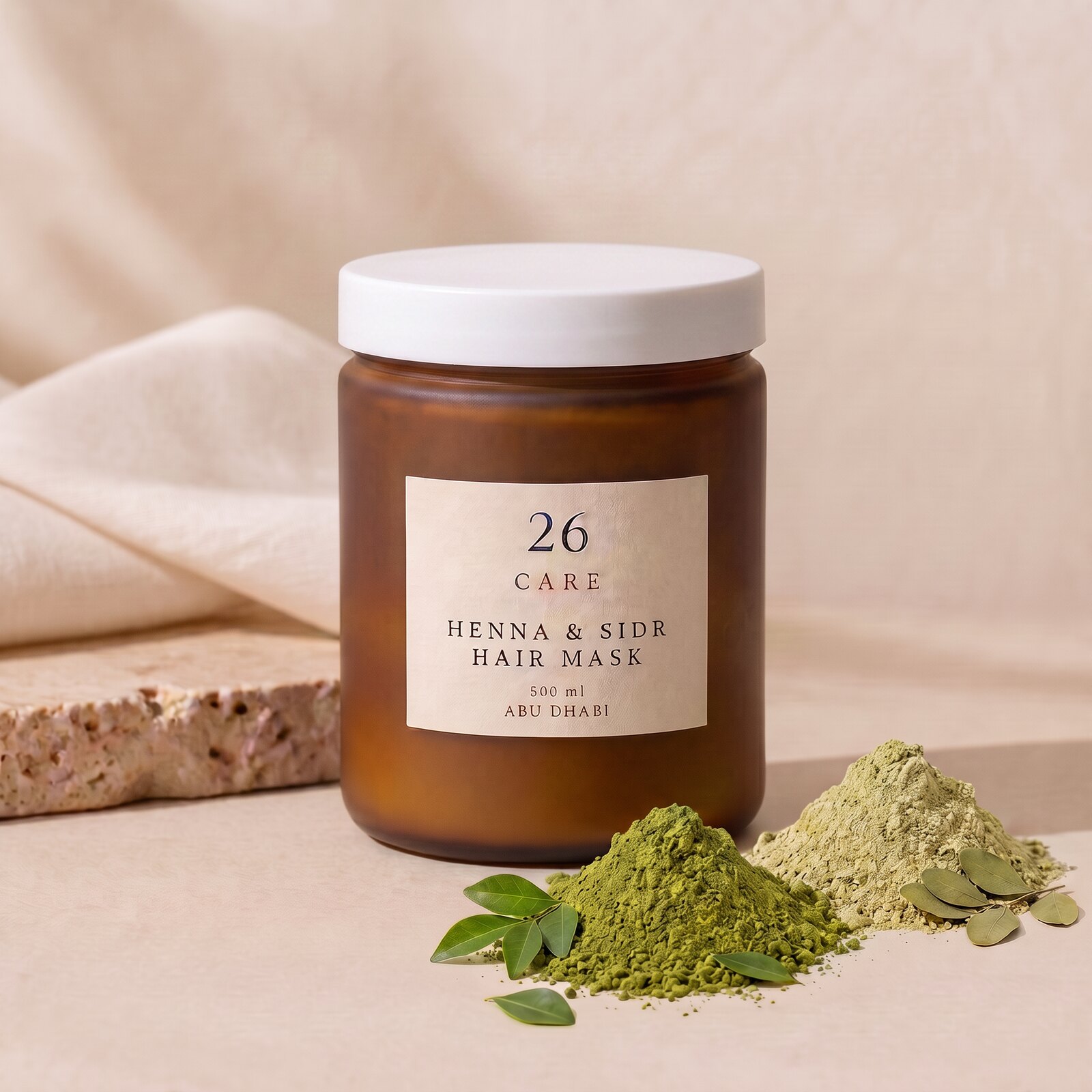 26 Care Henna & Sidr Hair Mask 500ml in a frosted amber jar with cream lid — Front — lid closed