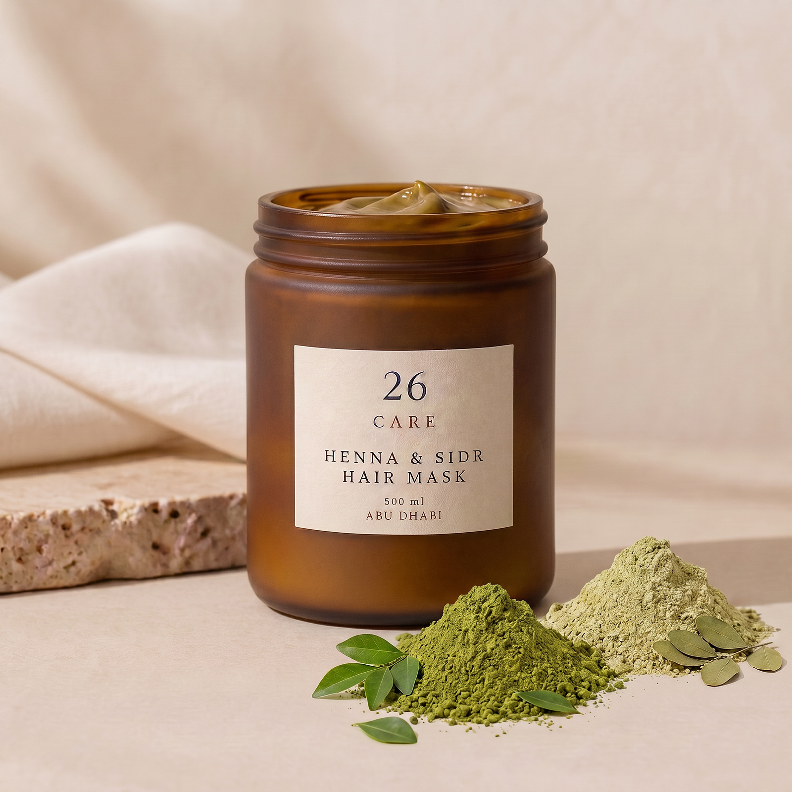 26 Care Henna & Sidr Hair Mask 500ml in a frosted amber jar with cream lid — Jar open
