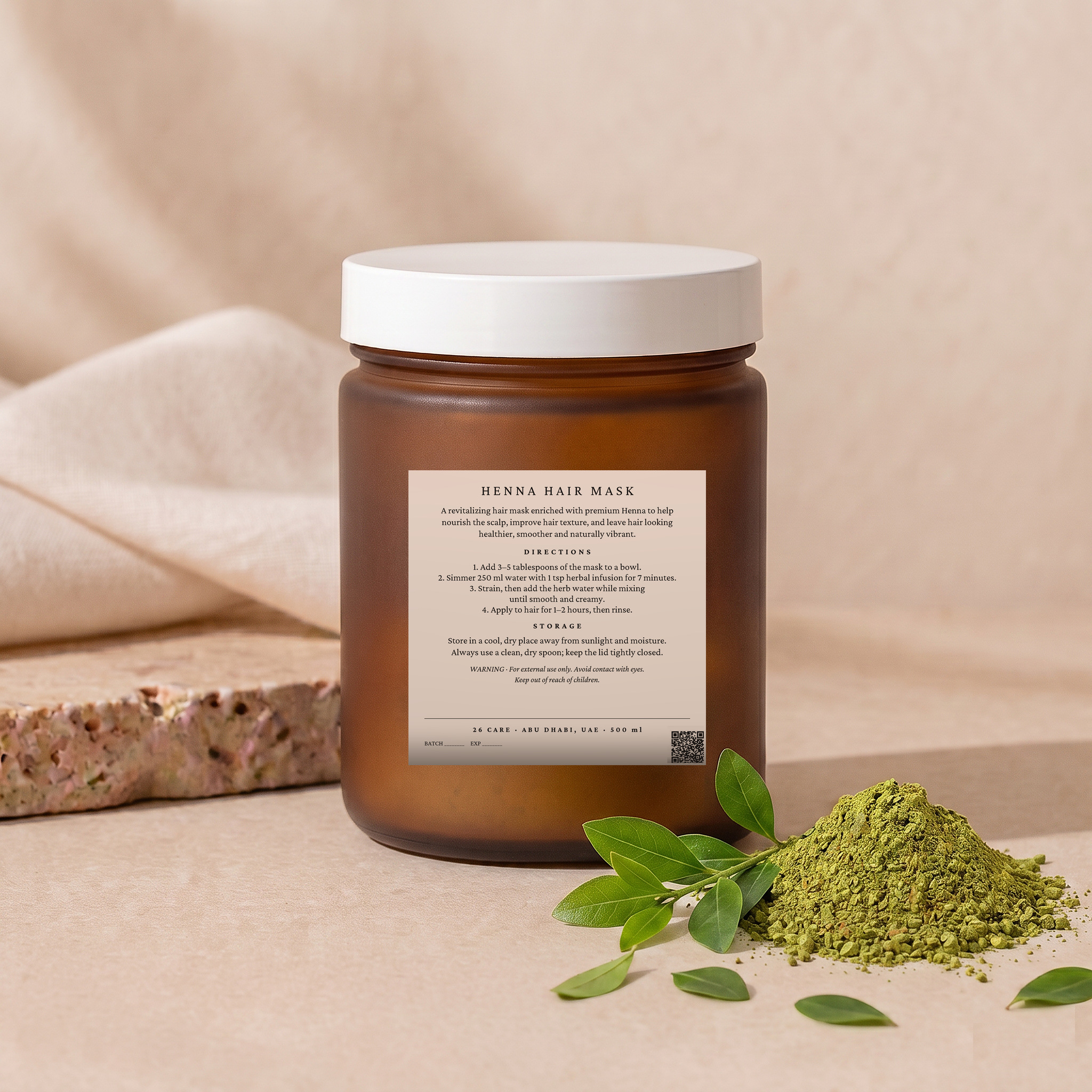 26 Care Henna Hair Mask 500ml in a frosted amber jar with cream lid — Back — directions & warnings