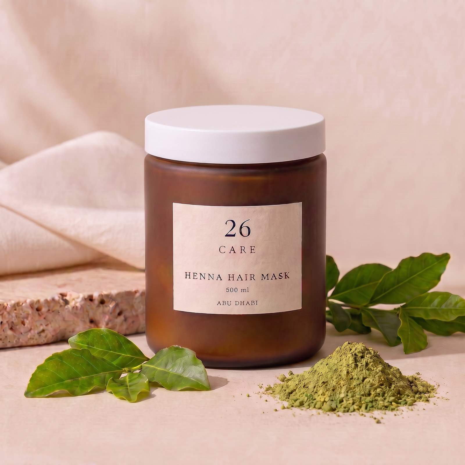 26 Care Henna Hair Mask 500ml in a frosted amber jar with cream lid — Front — lid closed