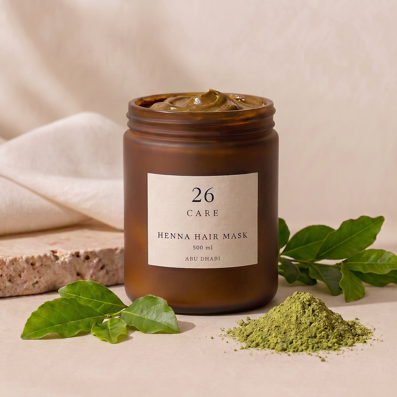 26 Care Henna Hair Mask 500ml in a frosted amber jar with cream lid — Jar open