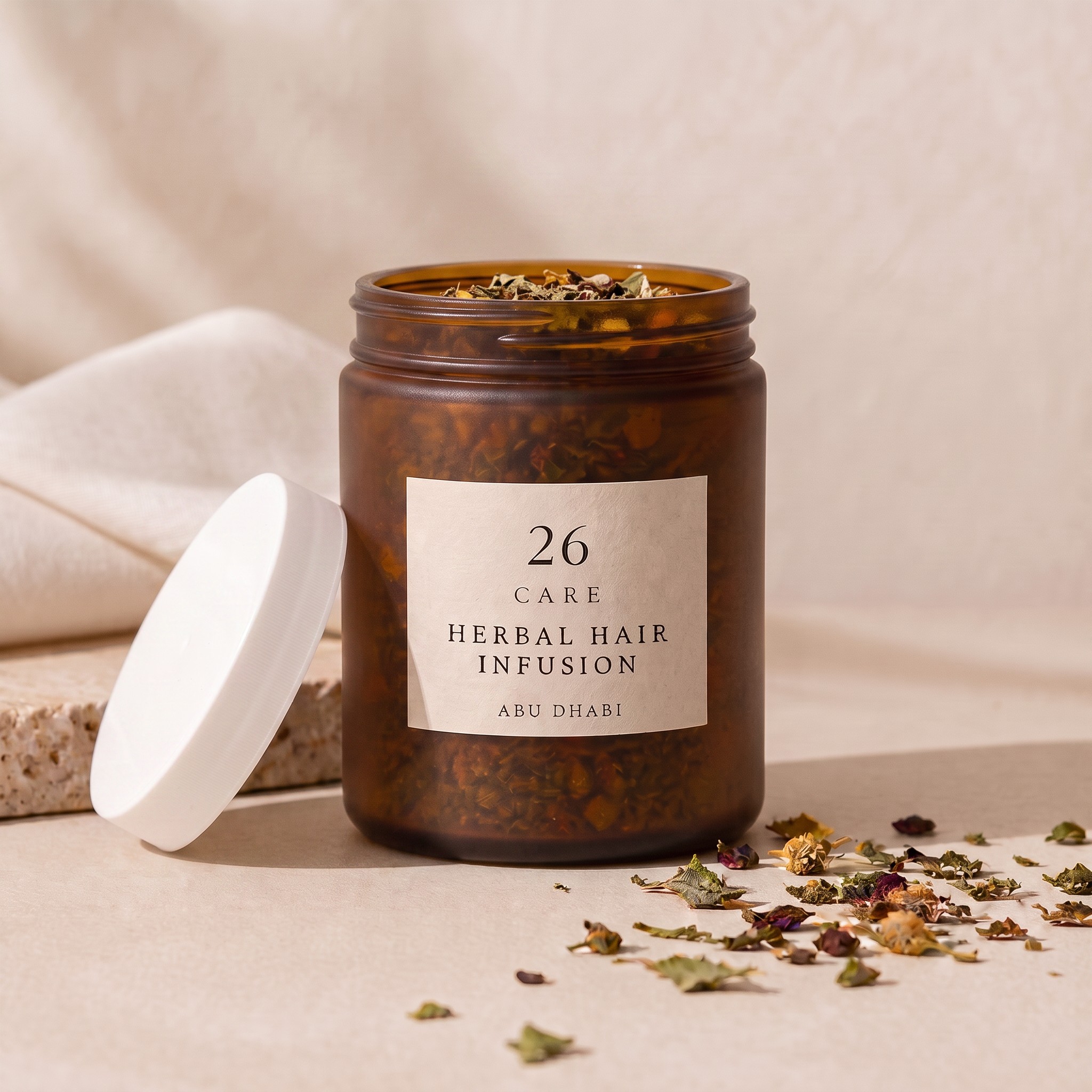 26 Care Herbal Hair Infusion in a frosted amber jar with loose dried botanicals beside it — Jar open