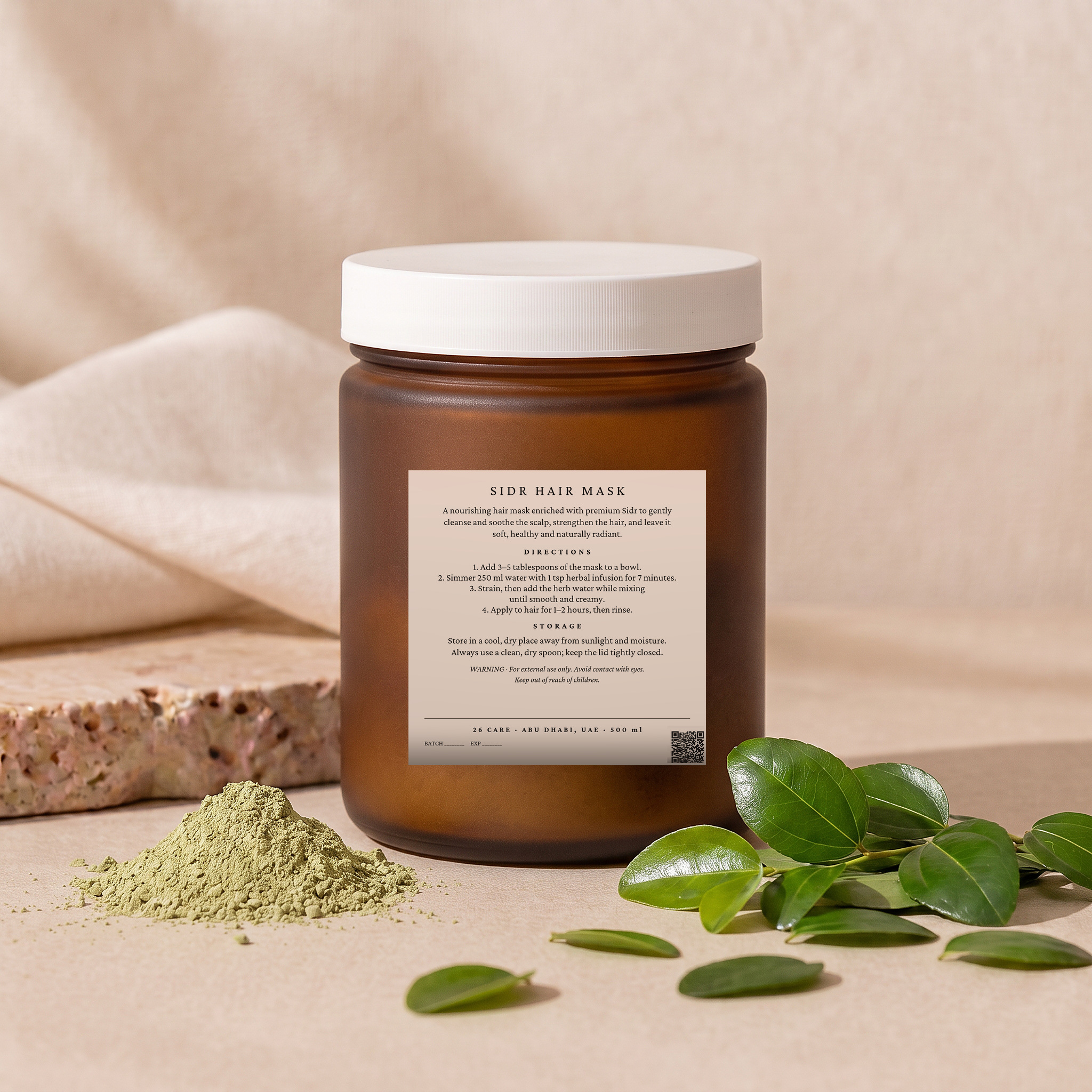 26 Care Sidr Hair Mask 500ml in a frosted amber jar with cream lid — Back — directions & warnings