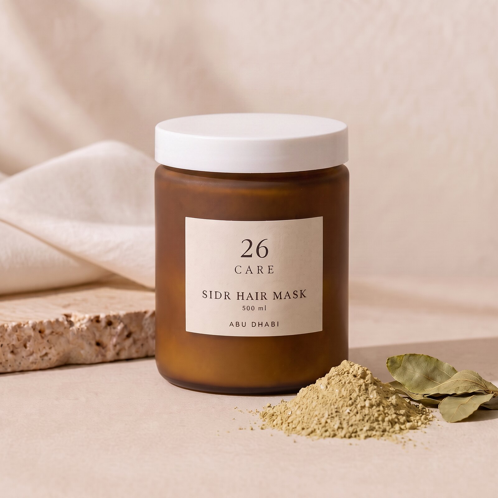 26 Care Sidr Hair Mask 500ml in a frosted amber jar with cream lid — Front — lid closed