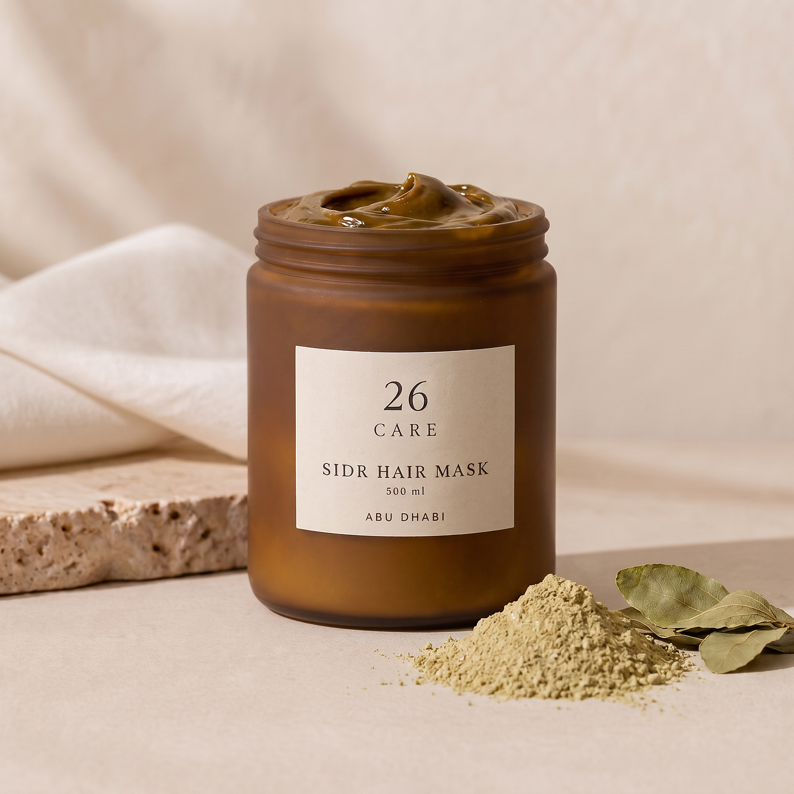 26 Care Sidr Hair Mask 500ml in a frosted amber jar with cream lid — Jar open